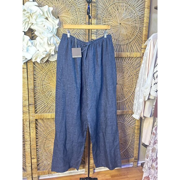 Eskandar NEW Drawstring Trouser Navy Blue Two-Toned Striated Linen Pant Size 2